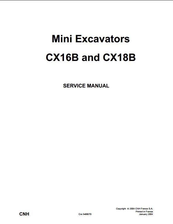 Case 16B 18B Cx Mini Excavator Repair Manual