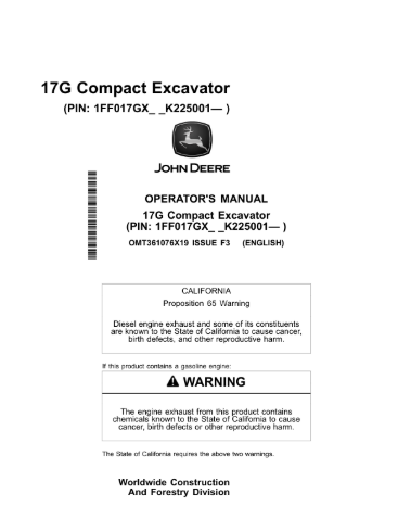 John Deere 17G Compact Excavator Operator's Manual John Deere 17G Compact Excavator Operator's Manual