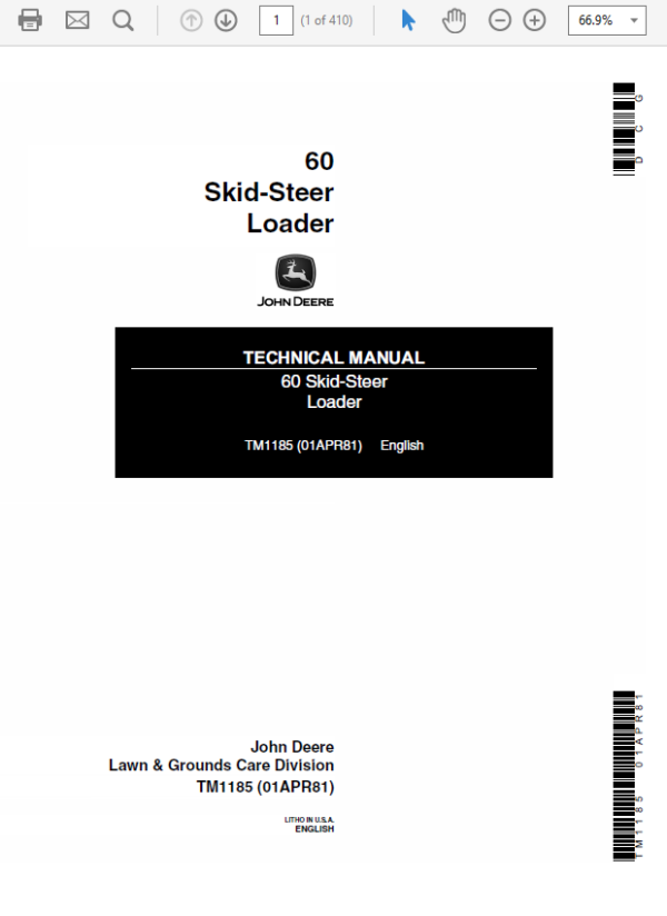 John Deere 60 Skid-Steer Loader Repair Manual TM1185