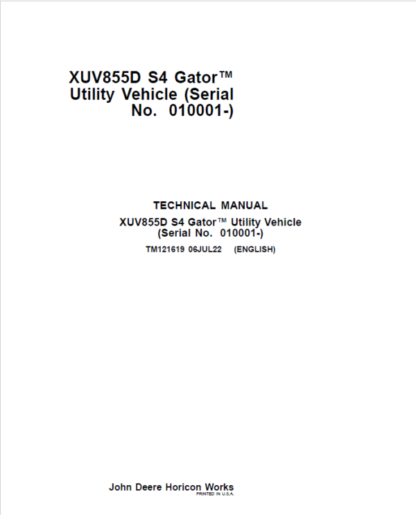 John Deere XUV 850D Gator Utility Vehicle Service Repair Manual Comprehensive