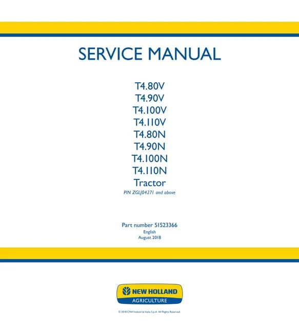 New Holland T4.100V T4.110F T4.110V Tractor Service Repair Manual
