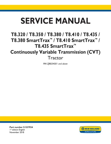 New Holland T8.410 T8.435 Smarttrax Cvt Tractor Service Manual