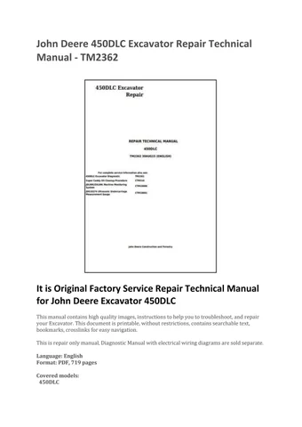 John Deere 450DLC Excavator Service Repair Technical Manual