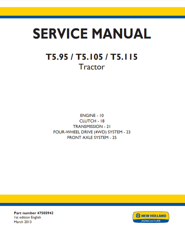 New Holland T5.95 T5.105 T5.115 Tractor Service Manual