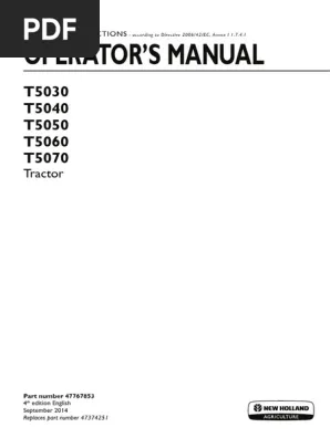 New Holland T5030 T5040 T5050 T5060 T5070 Tractor Operator Manual