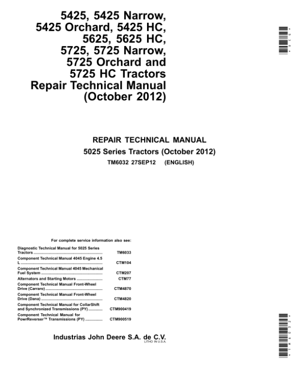 John Deere 5425 5425Hc 5425N Tractors Service Repair Manual