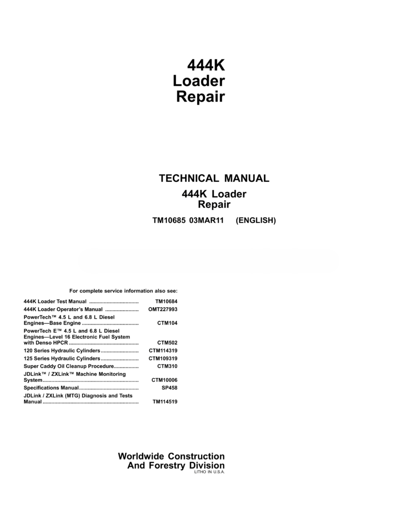John Deere 444k 4wd Loader Service Repair Manual tm10685
