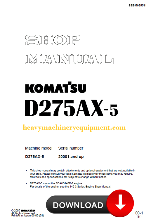 Komatsu D275Ax-5E0 Bulldozer Field Service Manual heavymachineryequipment.com