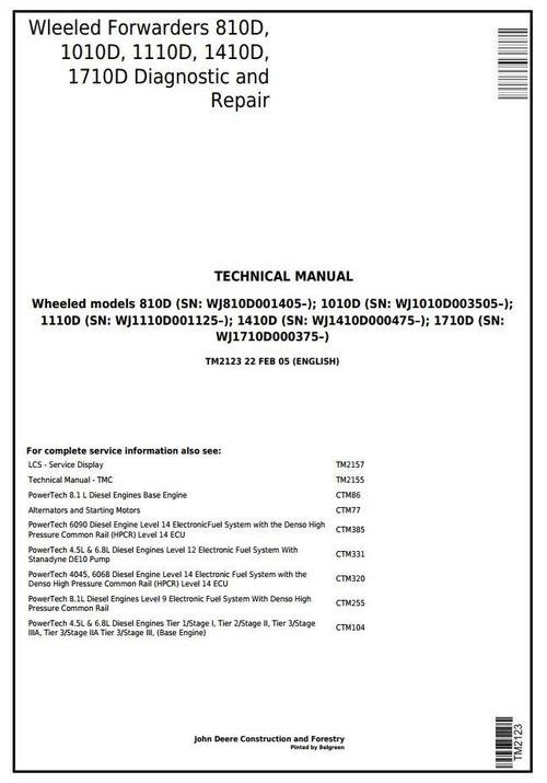 John Deere Timberjack 810d 1010d 1110d Wheeled Forwarder Service Manual