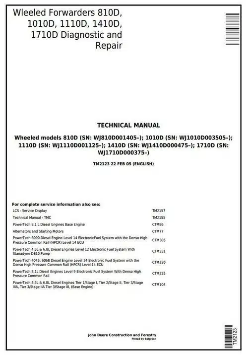 John Deere Timberjack 1410d 1710d Forwarder Service Manual John Deere Timberjack 810d 1010d 1110d Wheeled Forwarder Service Manual