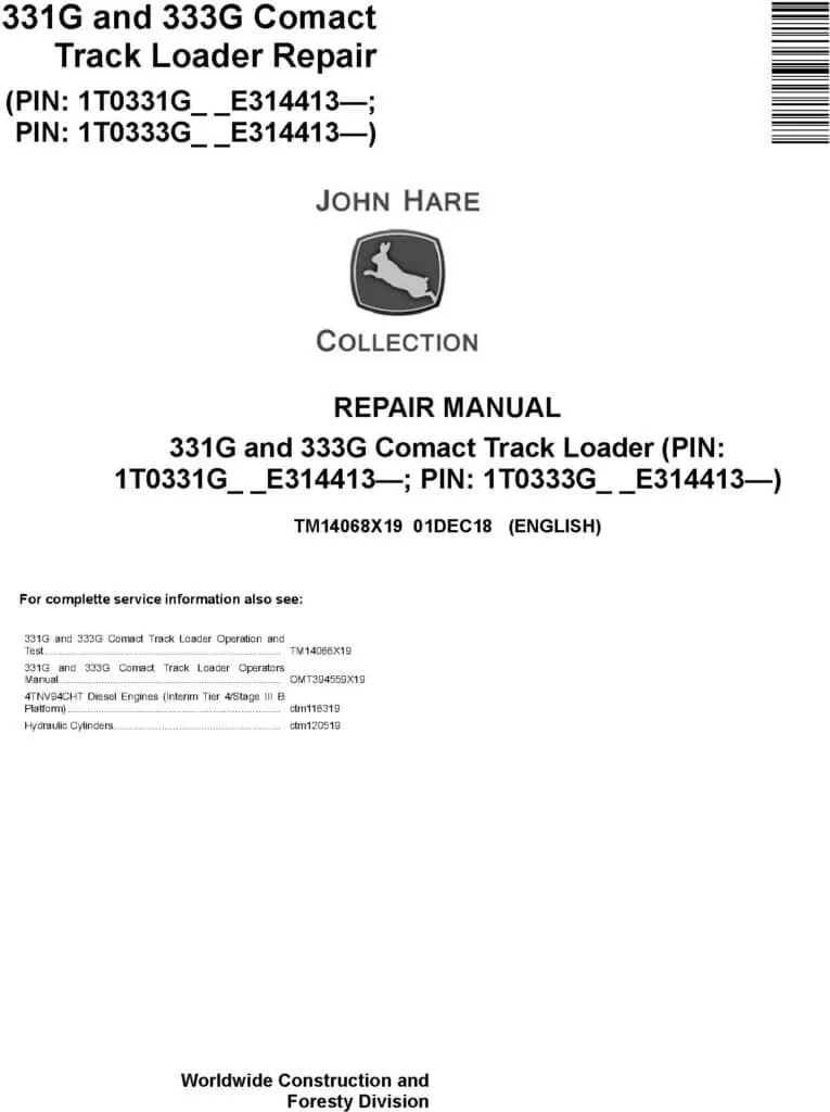 John Deere 331G and 333G Track Loader Repair Service Manual