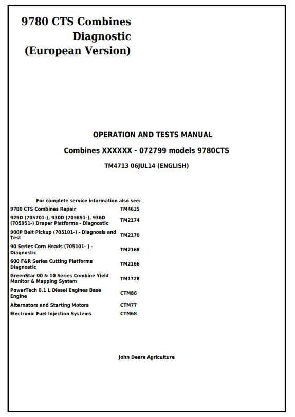 John Deere 9780 CTS Combines  Diagnosis and Tests Service Manual