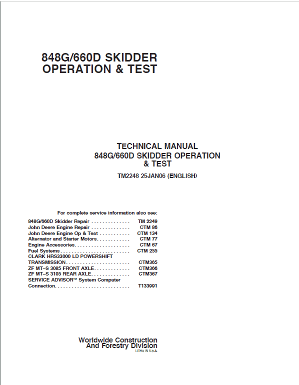 John Deere Timberjack 848G 660D Diagnostic Test Manual