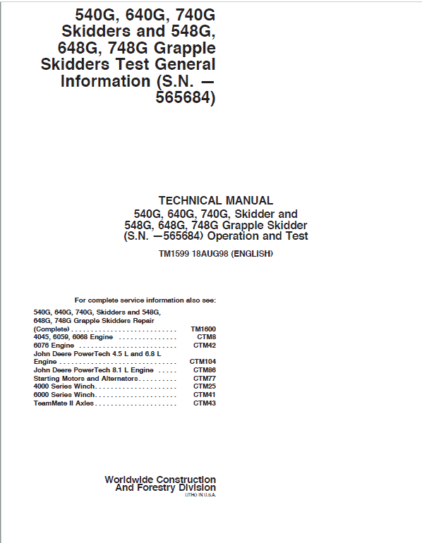 John Deere 540g 648g 748g Grapple Skidder Operation and test Manual - tm1599
