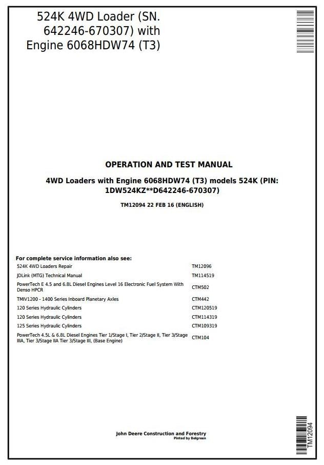 John Deere 524K 4WD Loader Diagnostic Service Manual TM12094