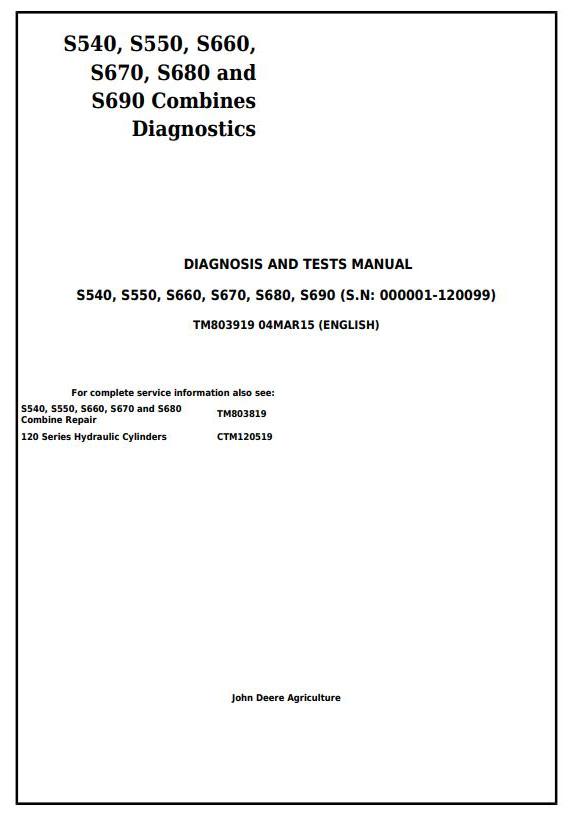 John Deere S540 S680 S690 Combine Diagnostic and Tests Service Manual