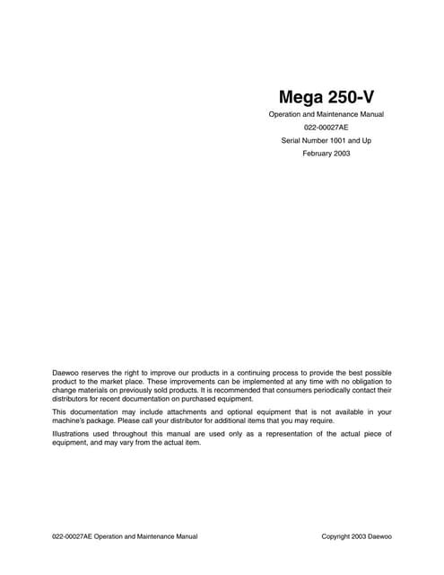 Daewoo Doosan mega 250 v wheel loader operation and maintenance manual