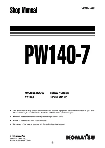 Komatsu PW140-7 Komatsu PW140-7 hydraulic excavator service repair manual