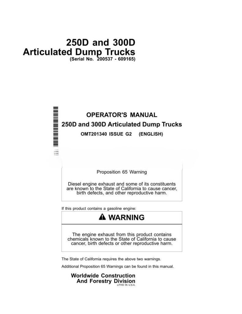 John Deere 250D and 300D Articulated Dump Truck Operators Manual