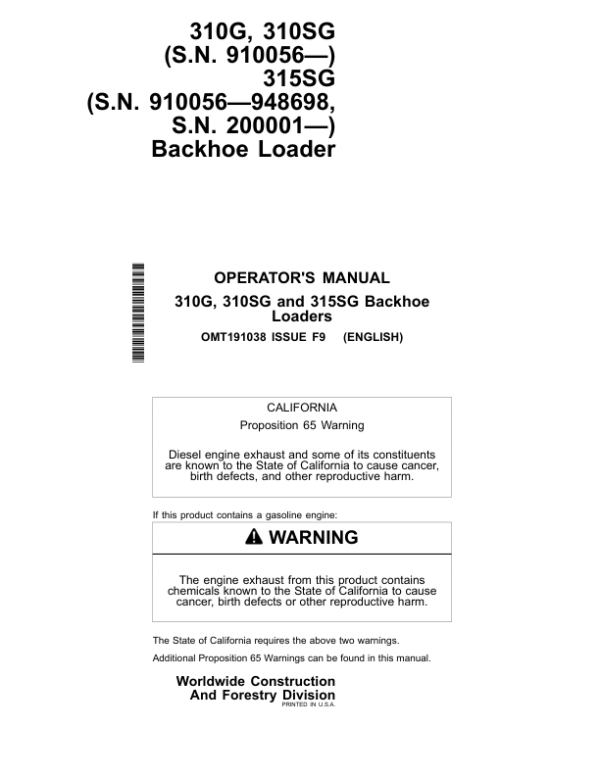 John Deere 310G, 310SG, 315SG Backhoe Loaders Operator’s Manuals OMT191038