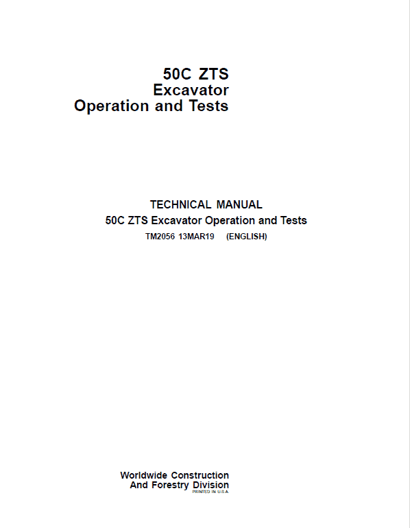 John Deere 50C ZTS Excavator Diagnostic Operation and Test Manual