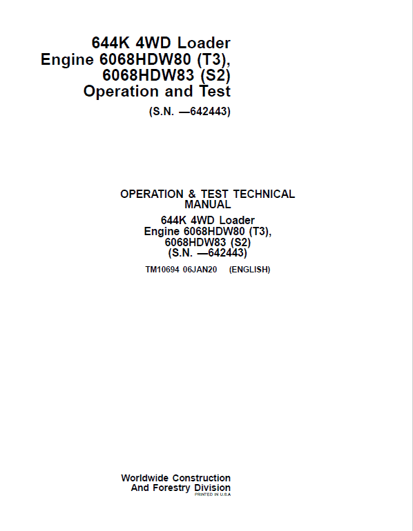 John Deere 644K 4WD Operation and Test Manual