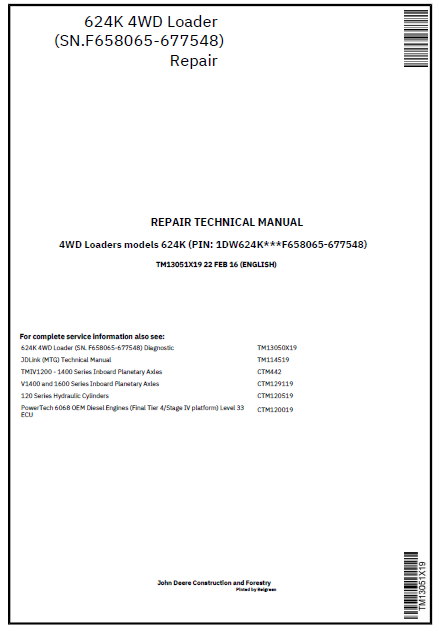John Deere 624K 4WD Loader Technical Service Repair Manual