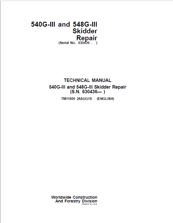 John Deere 540G-III 640G-III 548G-III Skidder Repair Manual TM11809