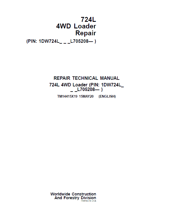 John Deere 724L 4WD Loader Repair Technical Manual