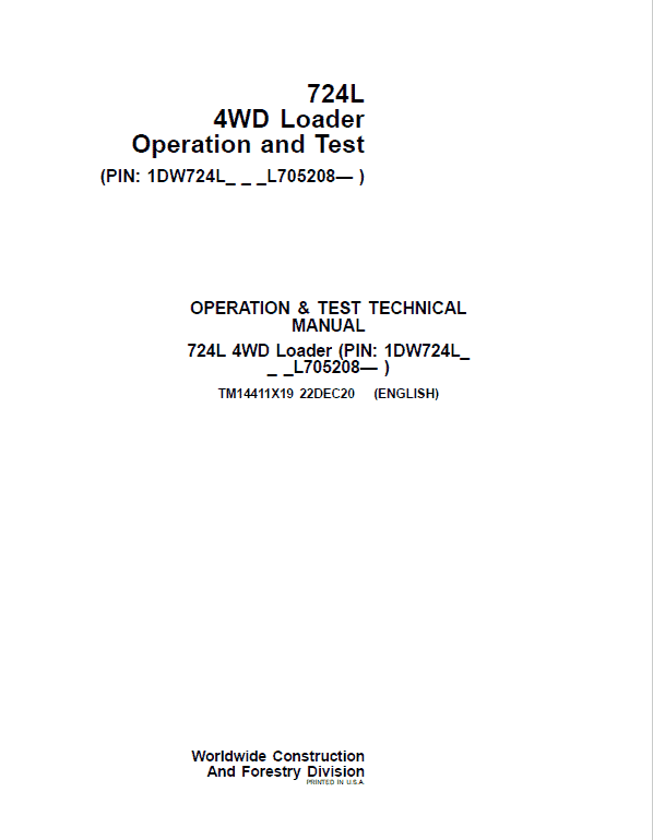 John Deere 724L 4WD Loader Operation and Test Manual – TM14411X19