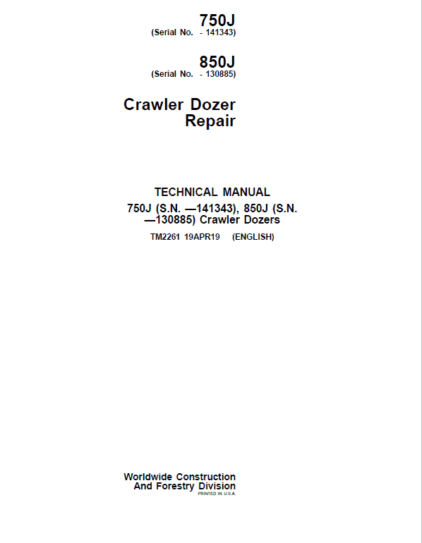 John Deere 750J, 850J  Crawler Dozer Repair Service Manual TM2261
