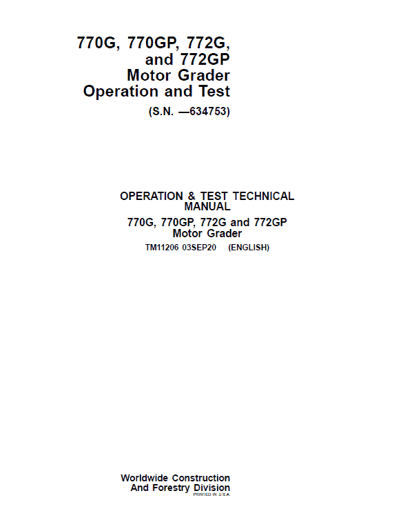 John Deere 770G, 770GP, 772G, 772GP Operation and Test Manual