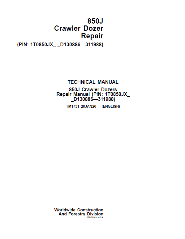 John Deere 850J Crawler Dozer Technical Manual TM1731 