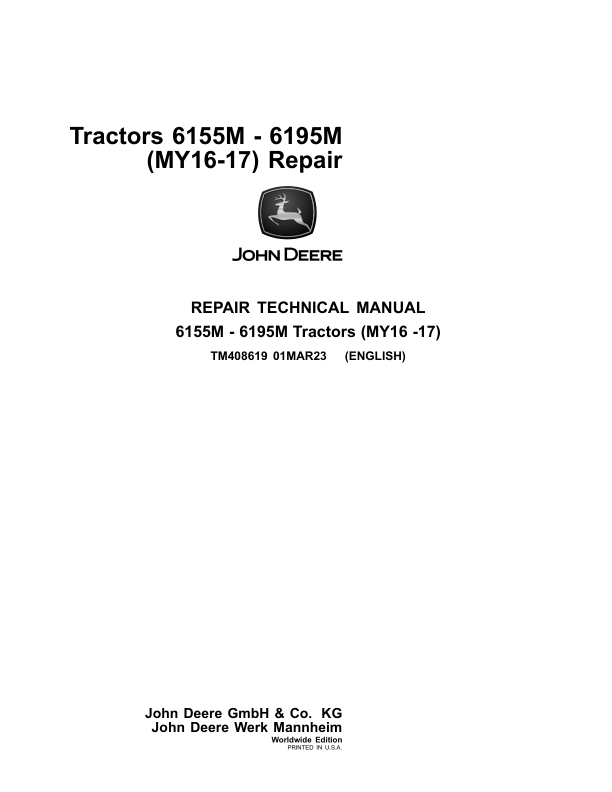 John Deere 6155M, 6155MH, 6175M, 6195M, 6210M Tractors Service Repair Technical Manual