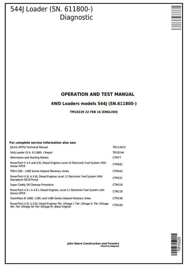 John Deere 4WD 544J Wheel Loader Operation Test Manual TM10229