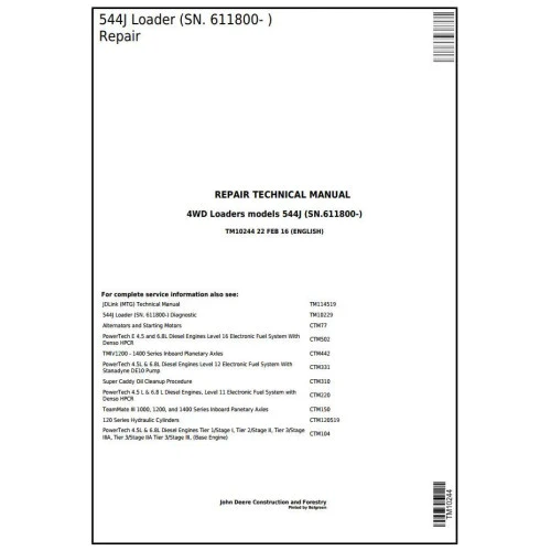 John Deere 4WD 544J Wheel Loader Repair Service Manual