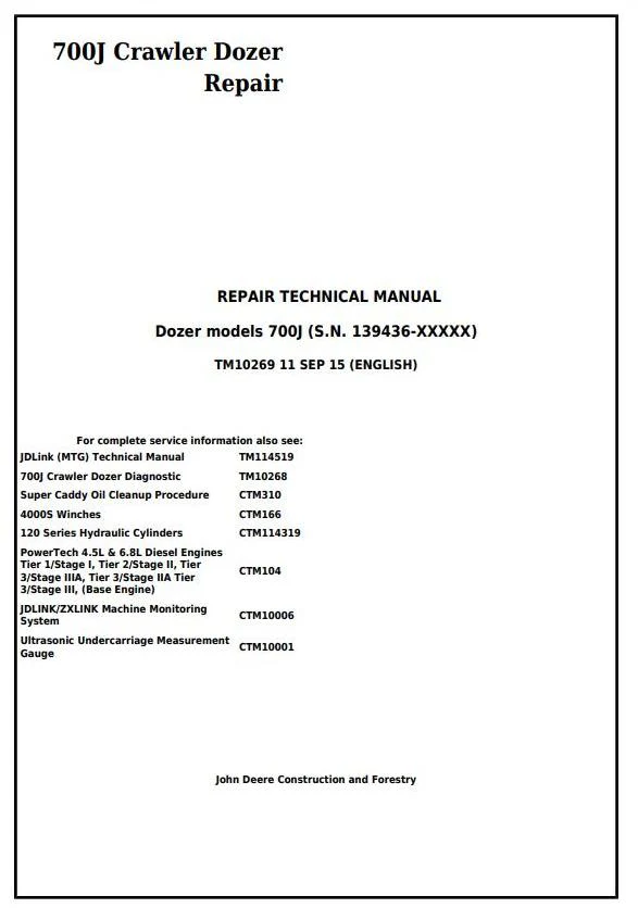 John Deere 700J Crawler Dozer Technical Manual TM10269