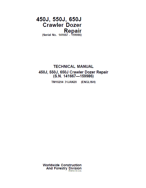 John Deere 450J, 550J, 650J Crawler Dozer Repair Service Manual