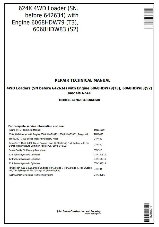 John Deere 4WD 624K Wheel Loader Repair Service Manual