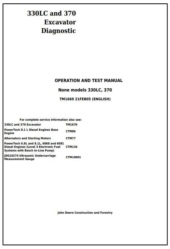 John Deere 330LC, 370 Excavator Diagnostic Test Service Manual TM1669