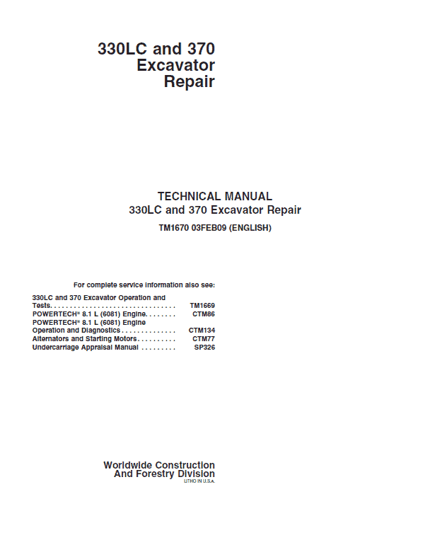 John Deere 330LC, 370 Excavator Repair Technical Manual TM1670