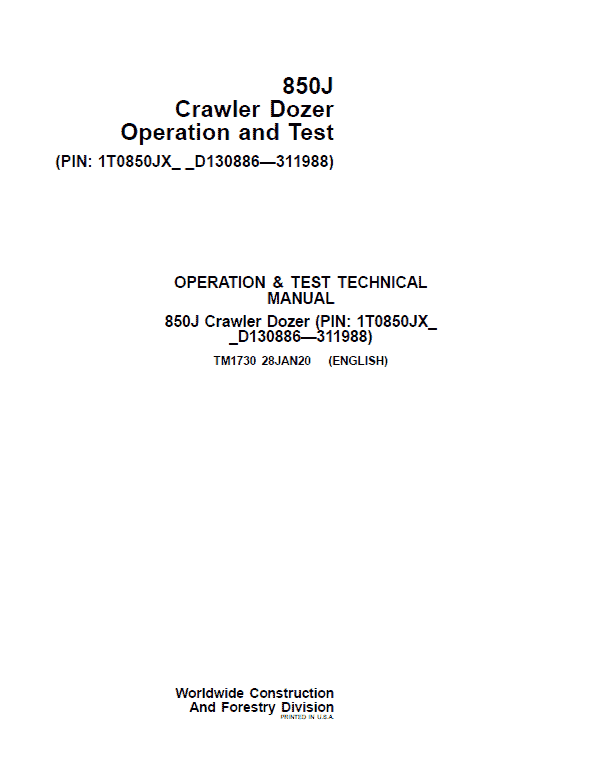 TM1730 John Deere 850J Crawler Dozer Operation and Test Manual