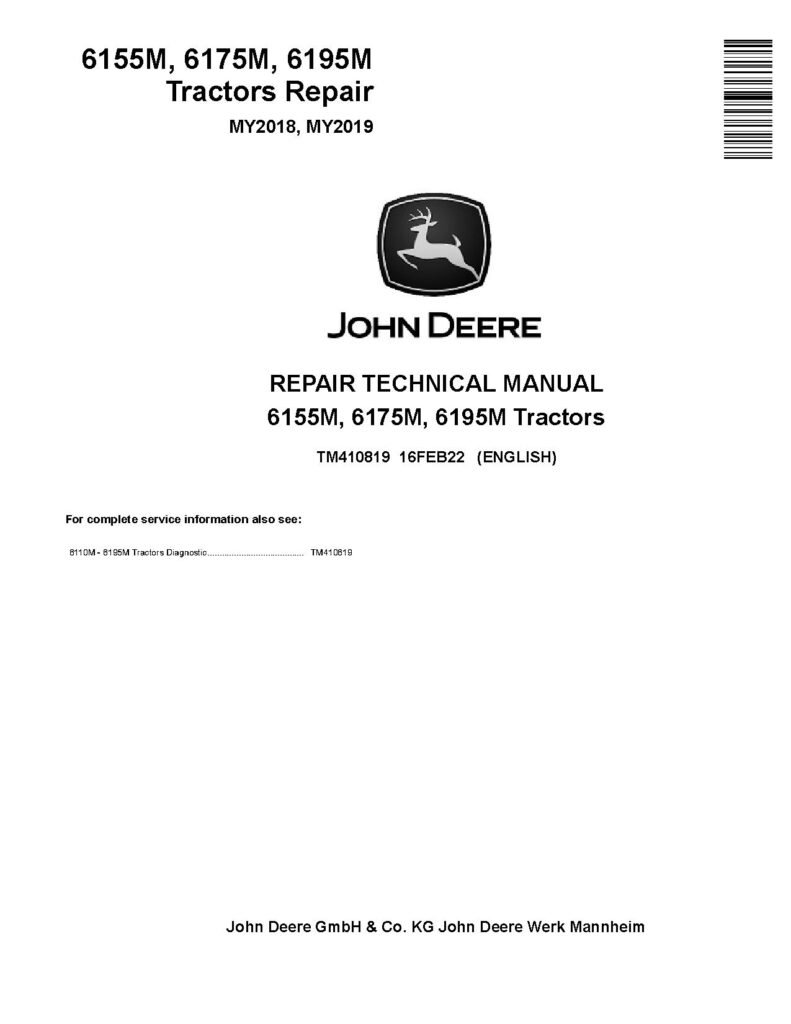 John Deere 6155M, 6155MH, 6175M, 6195M, 6210M Tractors Repair Manual