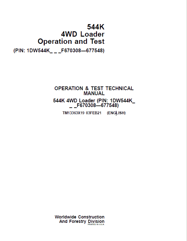 544K 4WD John Deere Loader Operation and Test Manual TM13363X19