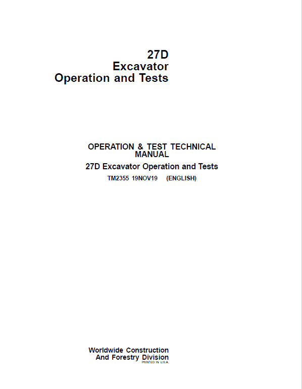 John Deere 27D Excavator Operation and Test Manual TM2355