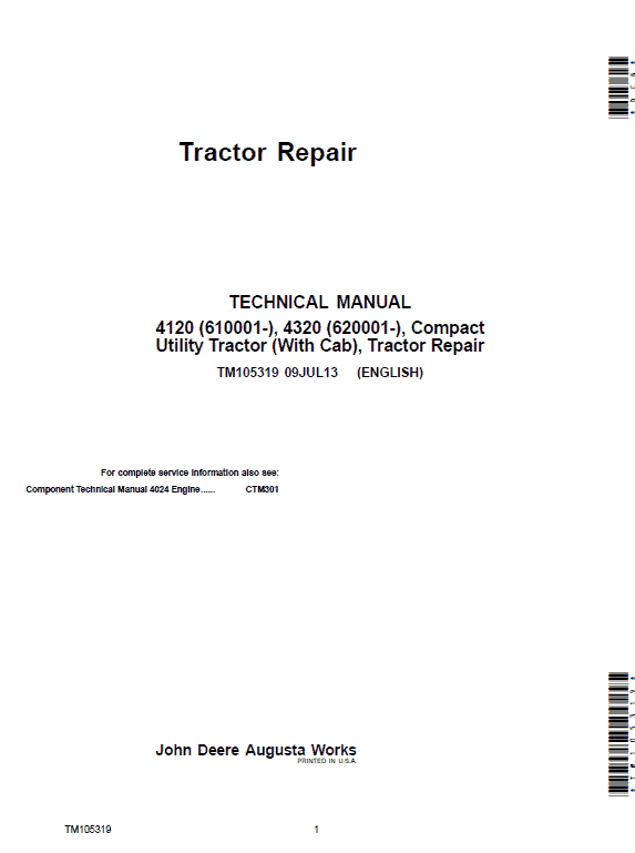 John Deere 4120, 4320 Compact Utility Tractors Technical Manual TM105319