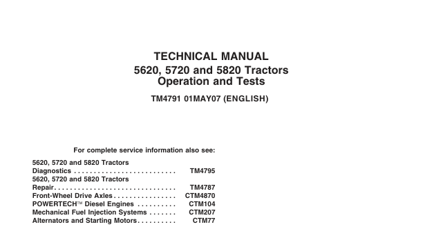 John Deere 5620 5720 5820 Tractors Tm4795 Diagnosis Tests Service Repair Manual