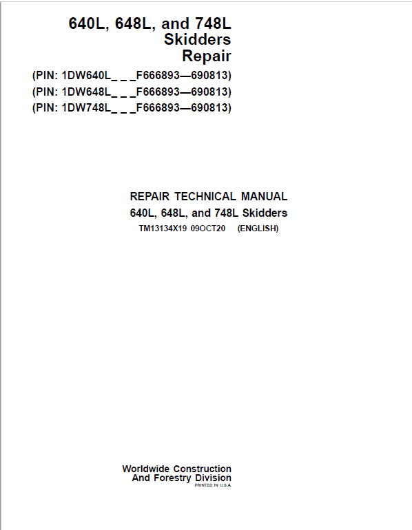 John Deere 640L, 648L, 748L Skidder Repair Manual