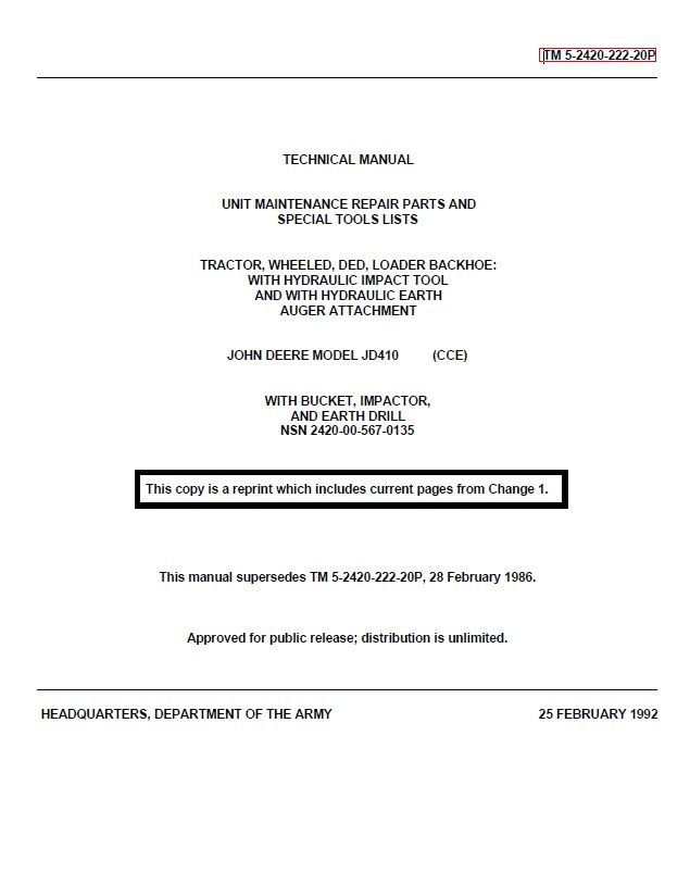 John Deere JD410 Backhoe Loader Technical Repair Manual