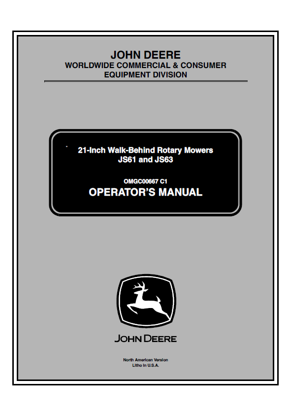 John Deere Js60h, Js61, Js63, Js63c Walk-behind Rotary Mowers Operators Manual
